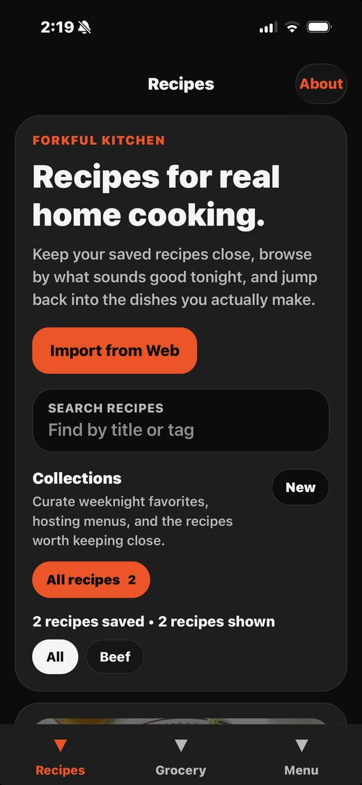 Forkful running on iPhone showing the recipe list