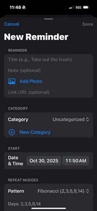 NudgeSolo new reminder screen with scheduling options