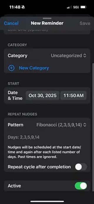 NudgeSolo schedule and category settings