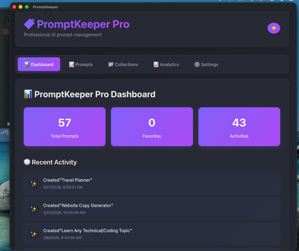 PromptKeeper Pro analytics dashboard showing saved prompt activity